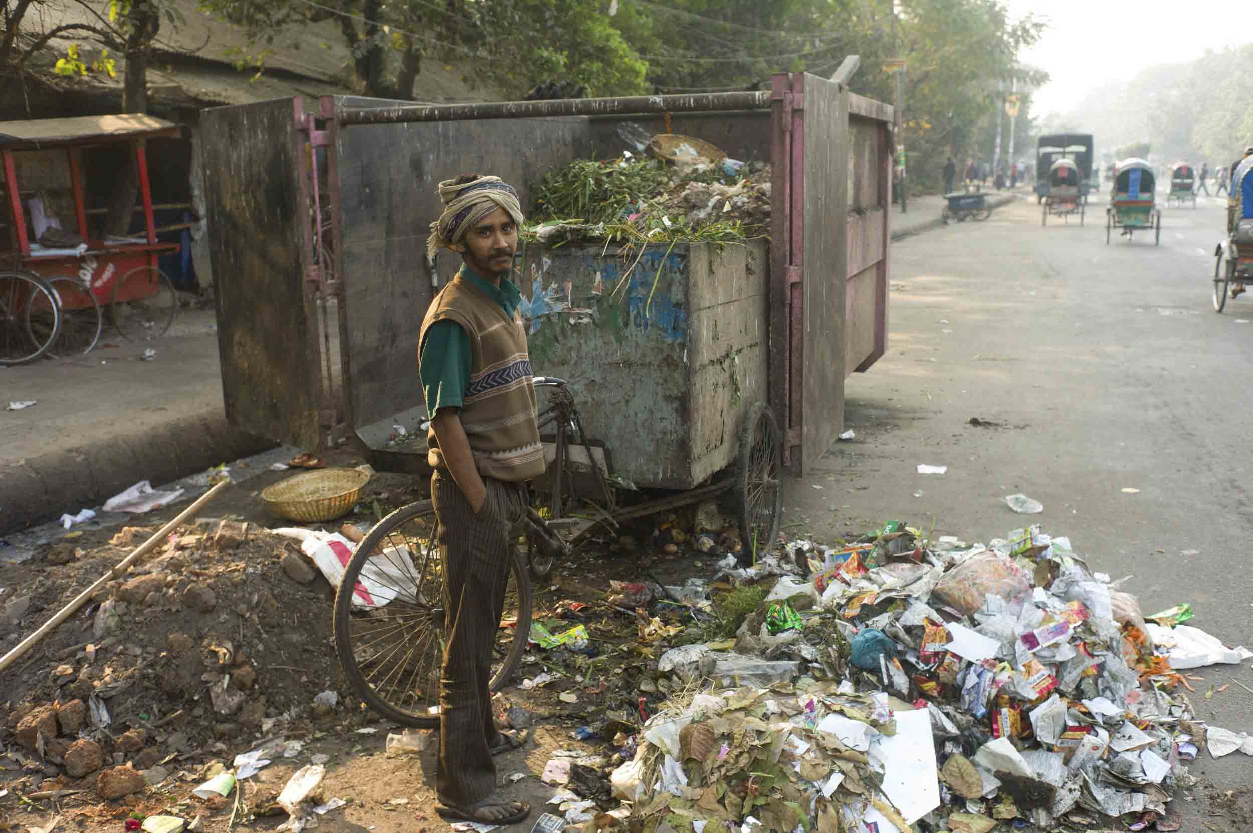 A bicycle garbage collector in central Dhaka, 2012