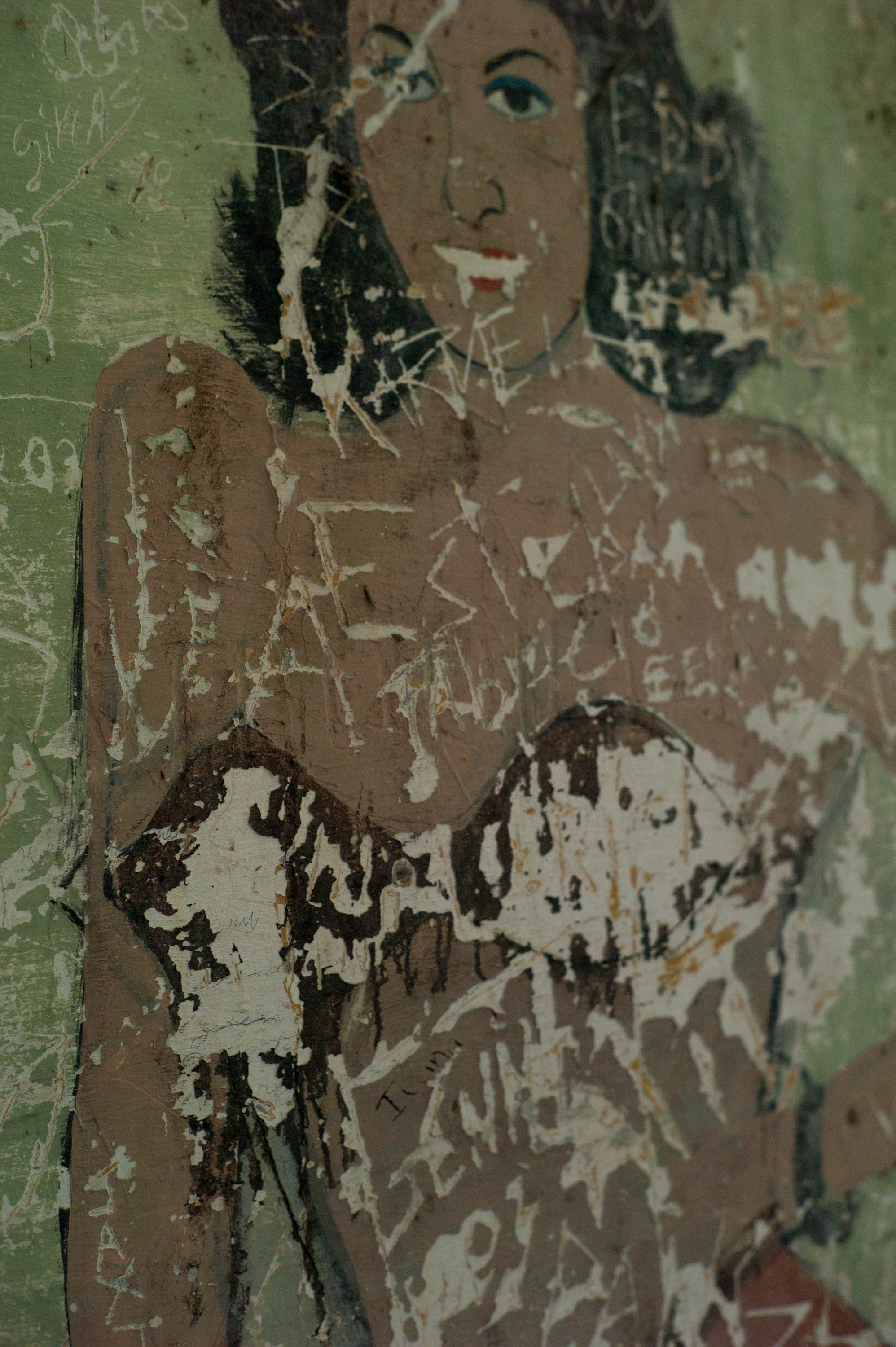 A detail shot of the blood-inked Woman in the Red Bikini mural