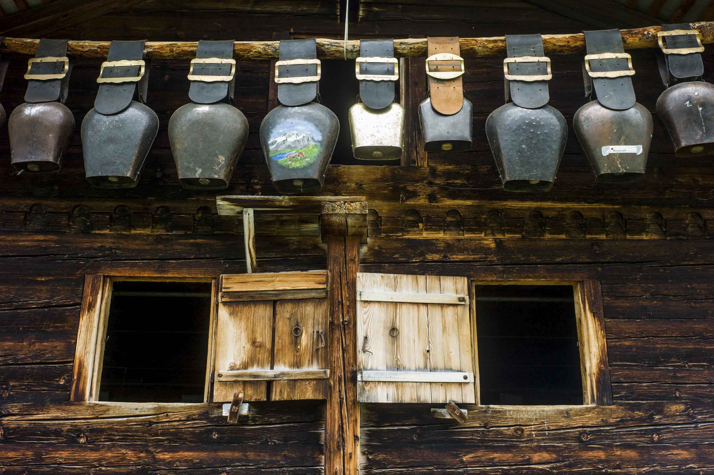 Cowbells on display in Engstlenap, Melchsee-Frutt, 2015