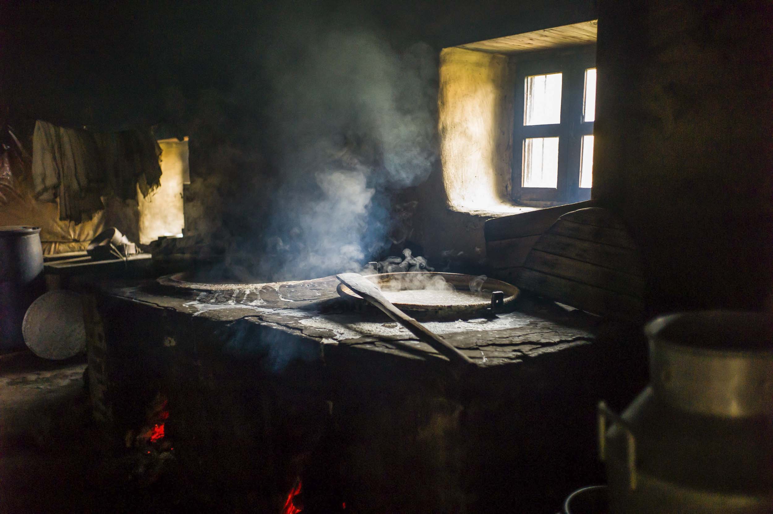 A cheese maker’s shop in Sing Gompa where traditional wood fires and yak milk create delicious cheese