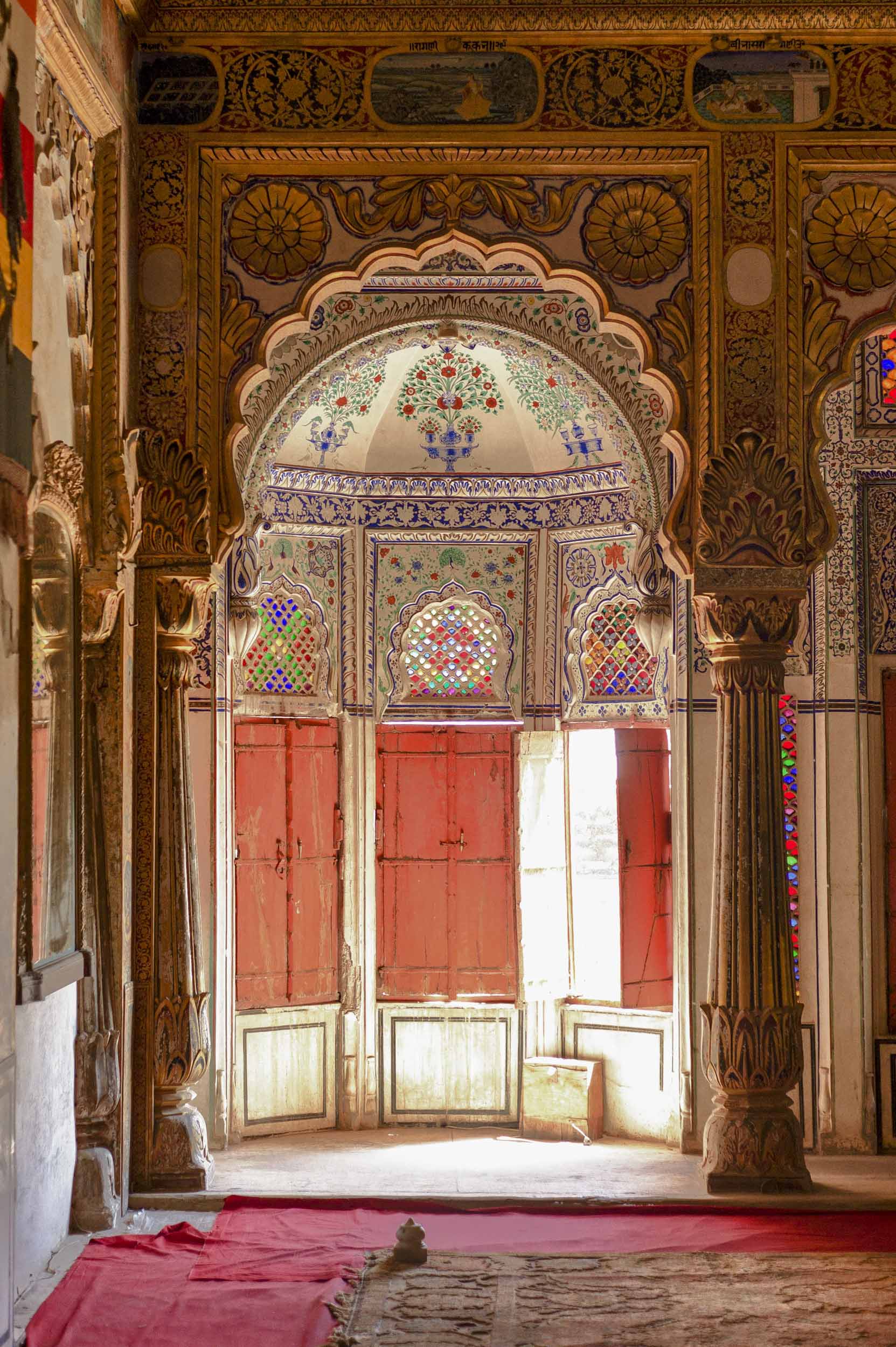 Mehrangarh Fort’s Phool Mahal, or Palace of Flowers. Built in the 18th century by Maharaja Abhay Singh, the ruler received private guests in this ornate room adorned with gold filigree, mirrors, walls and ceilings painted in the 19th century, showing the various moods of Indian classical ragas, royal portraits, and incarnations of Vishnu and the Goddess Durga, 2012