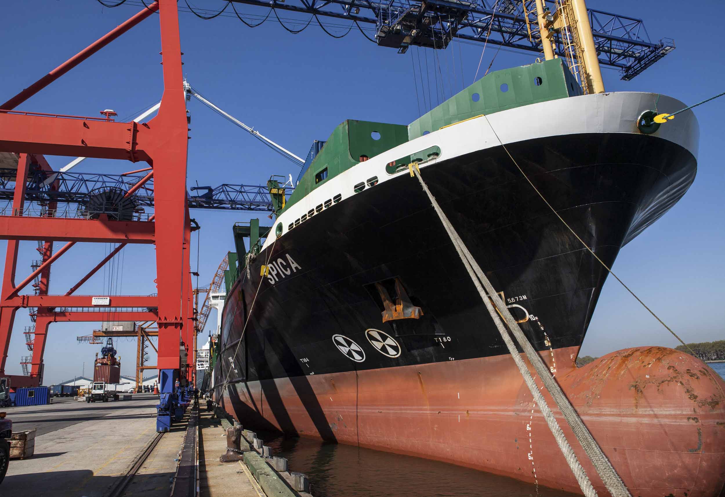 The Red Hook Container Terminal’s biggest crane, a 100-foot tall and 150-foot outreach Liebherr Gantry can transport up to 60 tons, 2014