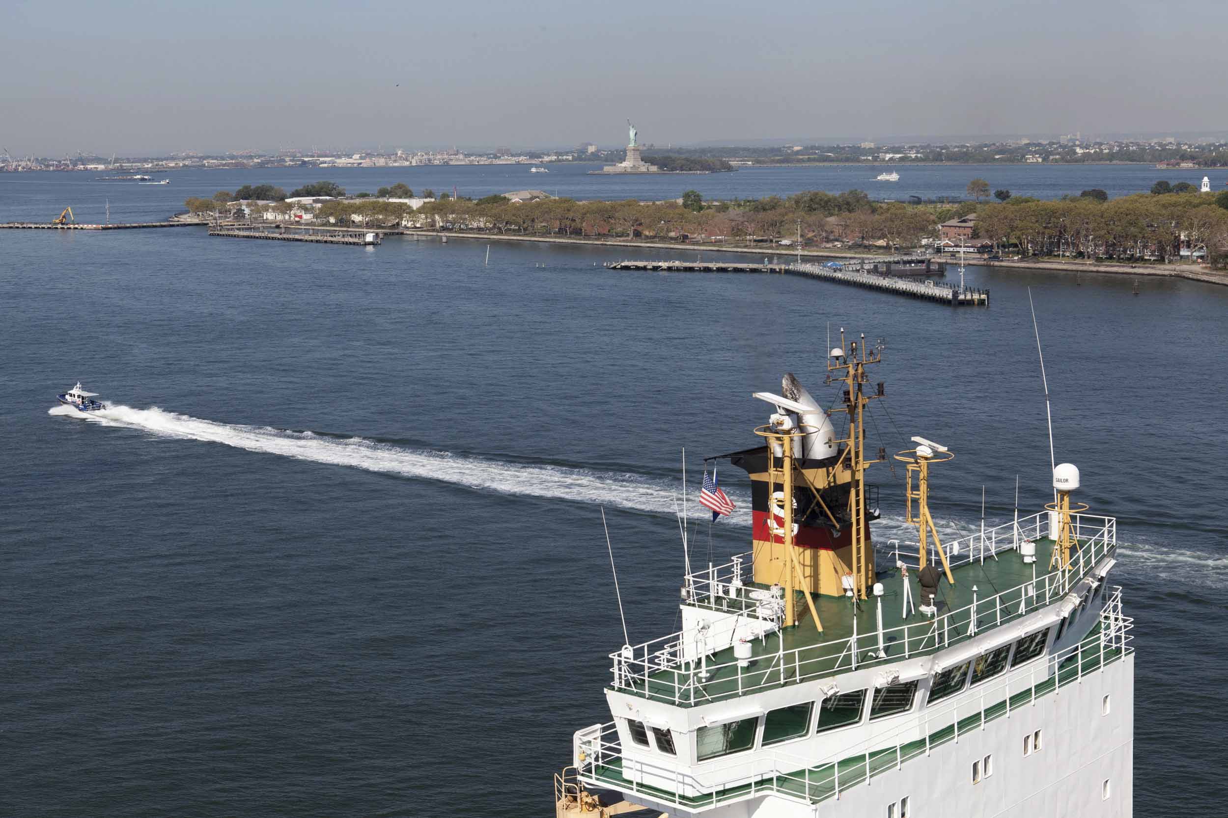 Views of the Statue of Liberty, Governors Island, and New Jersey from atop a 100-foot crane